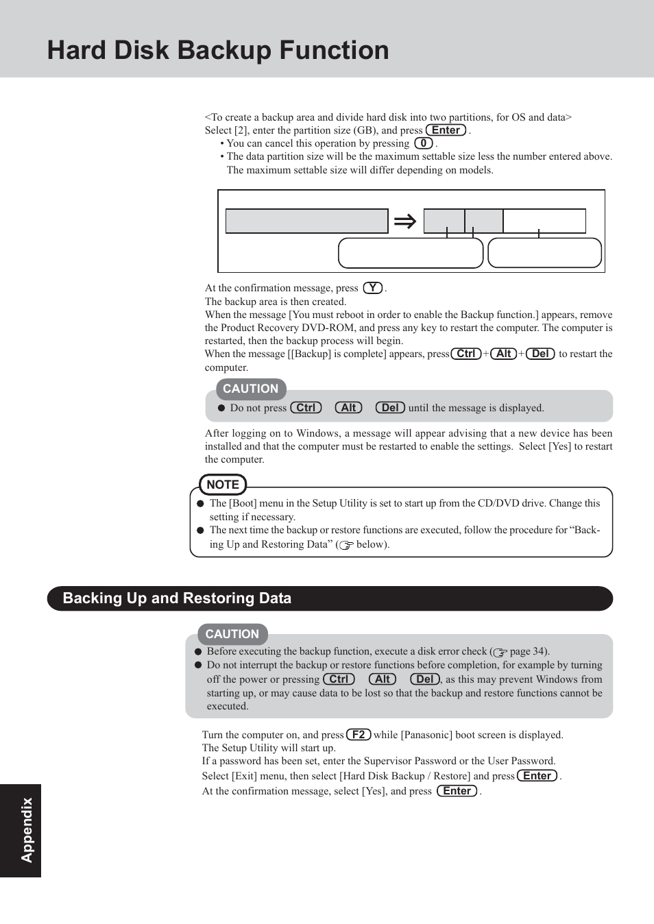 Hard disk backup function, Backing up and restoring data | Panasonic CF-73 User Manual | Page 36 / 44