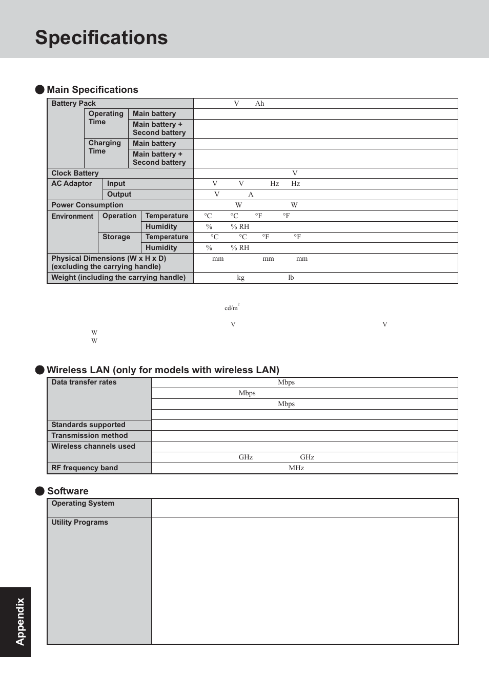 Specifications, Appendix, Main specifications | Software, Wireless lan (only for models with wireless lan) | Panasonic CF-73 User Manual | Page 40 / 44