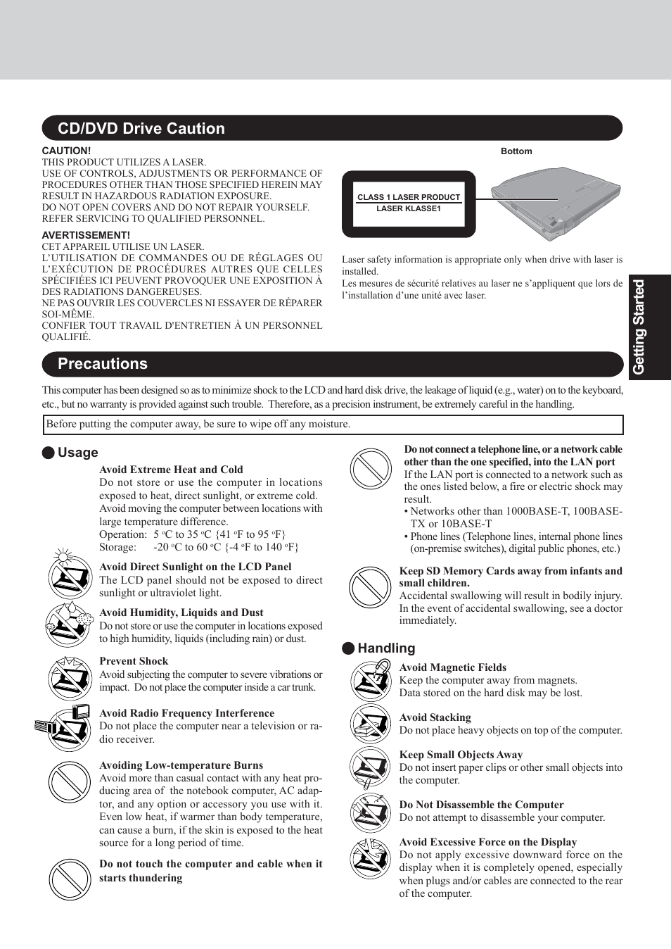 Cd/dvd drive caution, Precautions, Getting s tarted | Usage, Handling | Panasonic CF-73 User Manual | Page 7 / 44