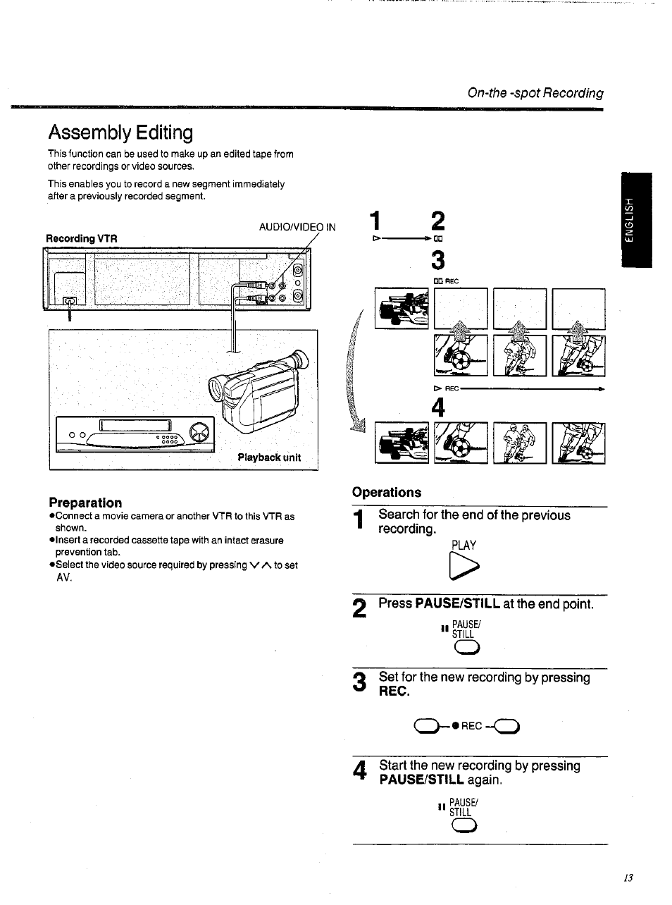 Preparation, Operations, H search for the end of the previous * recording | 2 press pause/still at the end point, Precautions, Assembly editing | Panasonic NVSD200BA User Manual | Page 13 / 21