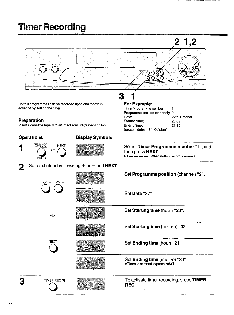 Timer recording, For example, Display symbols | Timer recording 3 1 | Panasonic NVSD200BA User Manual | Page 14 / 21