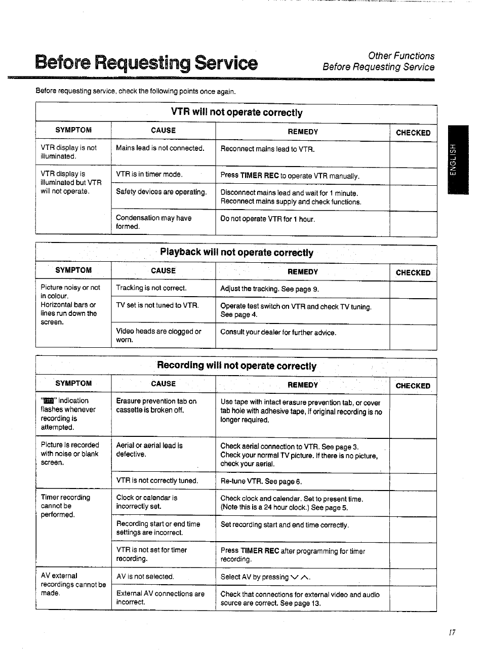 Before requesting service, Vtr wii! not operate correctly, Other functions before requesting service | Playback will not operate correctly, Recording wifi not operate correctly | Panasonic NVSD200BA User Manual | Page 17 / 21