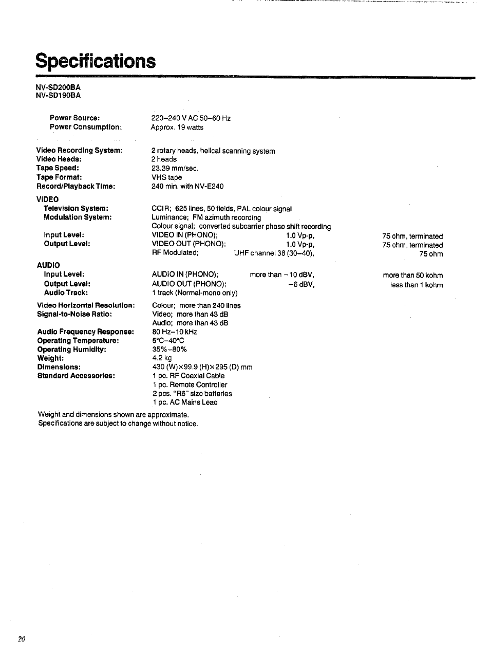 Specifications | Panasonic NVSD200BA User Manual | Page 20 / 21