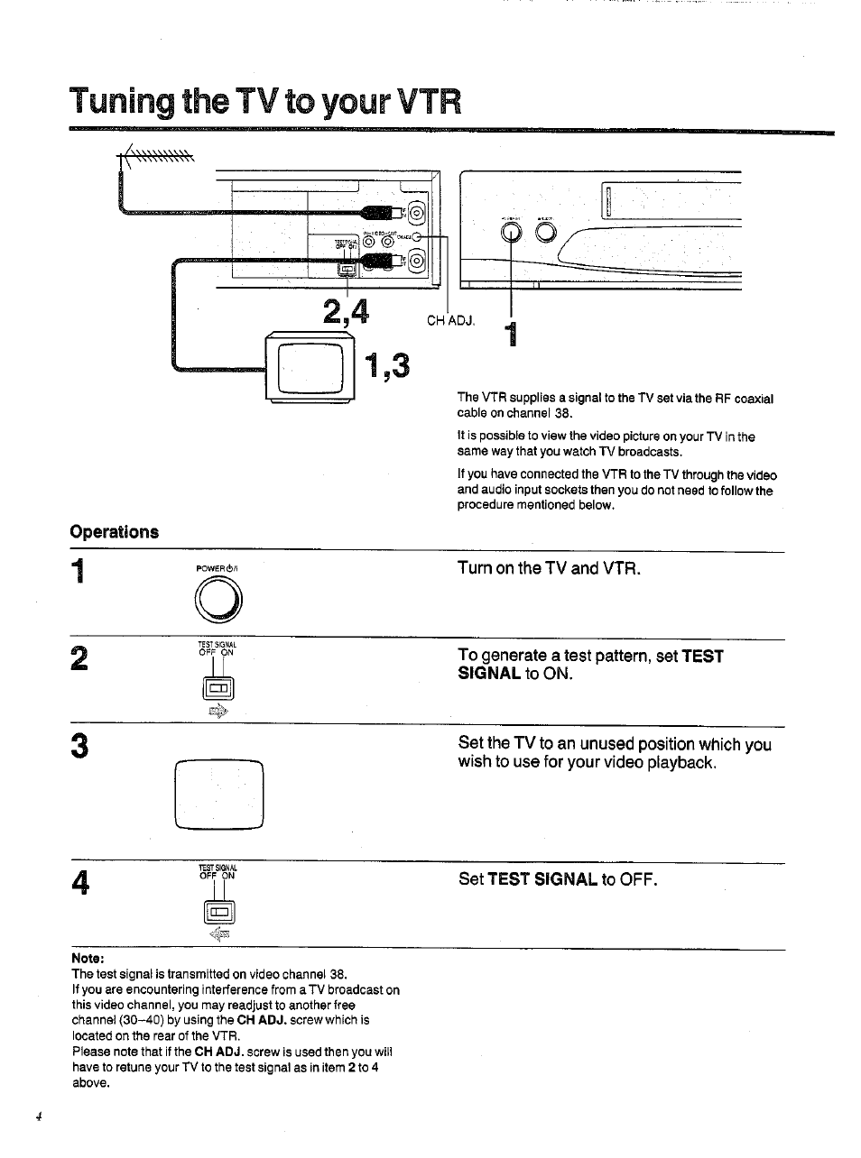 Tuning the tv to your vtr, Operations, Turn on the tv and vtr | To generate a test pattern, set test signal to on, Set test signal to off, Note | Panasonic NVSD200BA User Manual | Page 4 / 21
