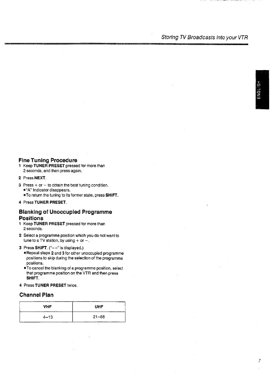 Fine tuning procedure, Blanking of unoccupied programme positions, Channei pian | Panasonic NVSD200BA User Manual | Page 7 / 21