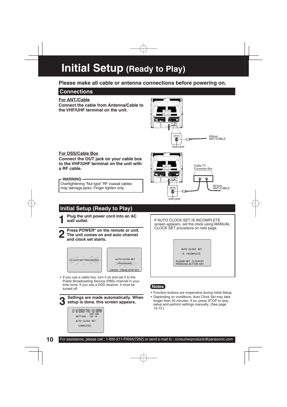 Initial setup (ready to play), Initial setup, Ready to play) | Connections | Panasonic PV 27D53 User Manual | Page 10 / 64
