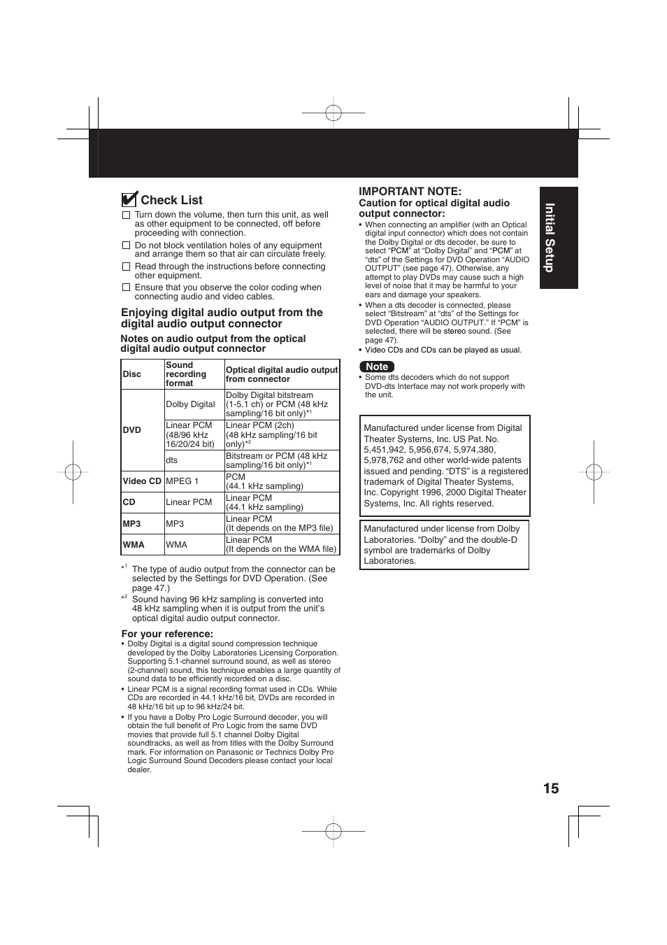 Initial setup, Check list | Panasonic PV 27D53 User Manual | Page 15 / 64