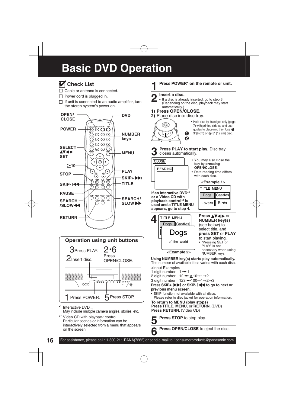 Dvd operation, Basic dvd operation, Dogs | Check list, Operation using unit buttons | Panasonic PV 27D53 User Manual | Page 16 / 64