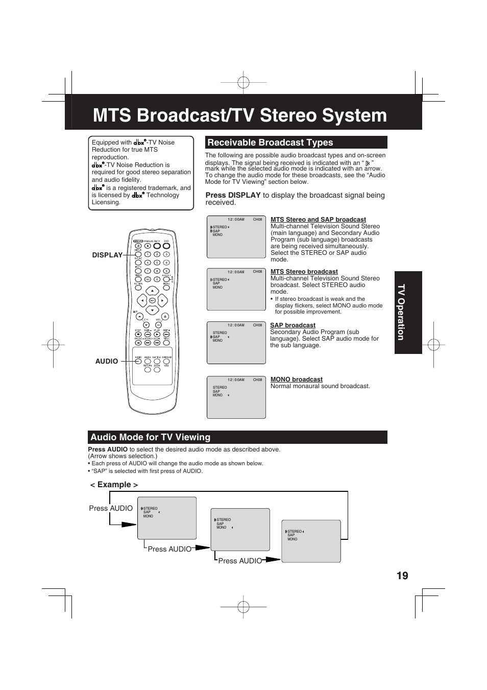 Mts broadcast/tv stereo system, Receivable broadcast types, Audio mode for tv viewing | Tv operation, Example | Panasonic PV 27D53 User Manual | Page 19 / 64