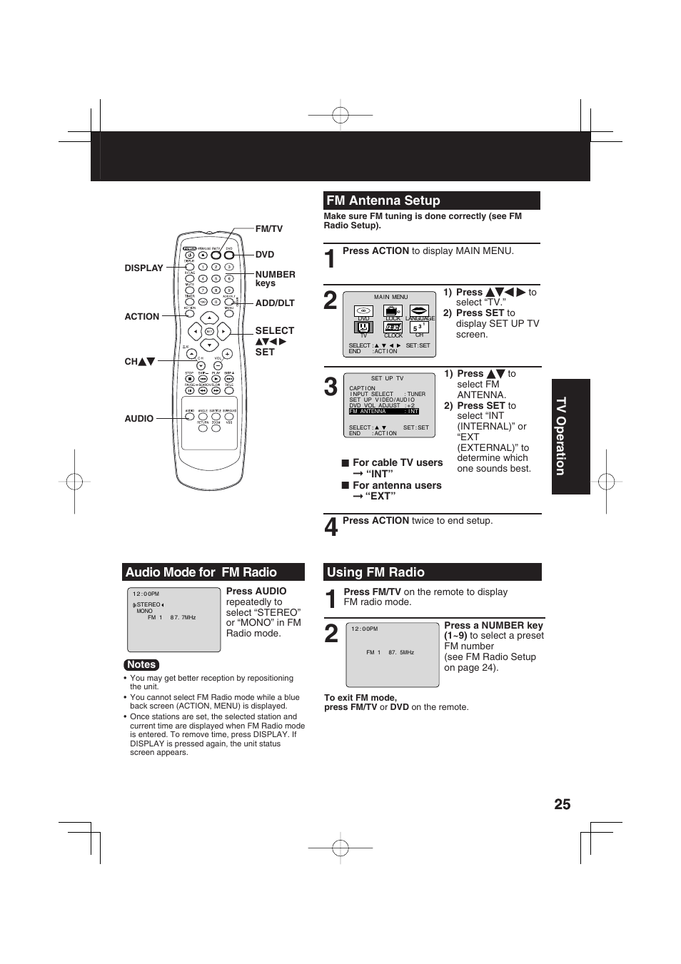 Fm antenna setup, Using fm radio, Audio mode for fm radio | Tv operation | Panasonic PV 27D53 User Manual | Page 25 / 64