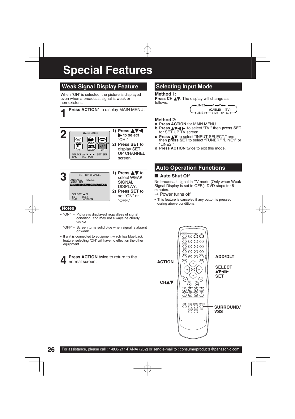 Advanced operation, Special features, Auto operation functions | Weak signal display feature, Selecting input mode | Panasonic PV 27D53 User Manual | Page 26 / 64