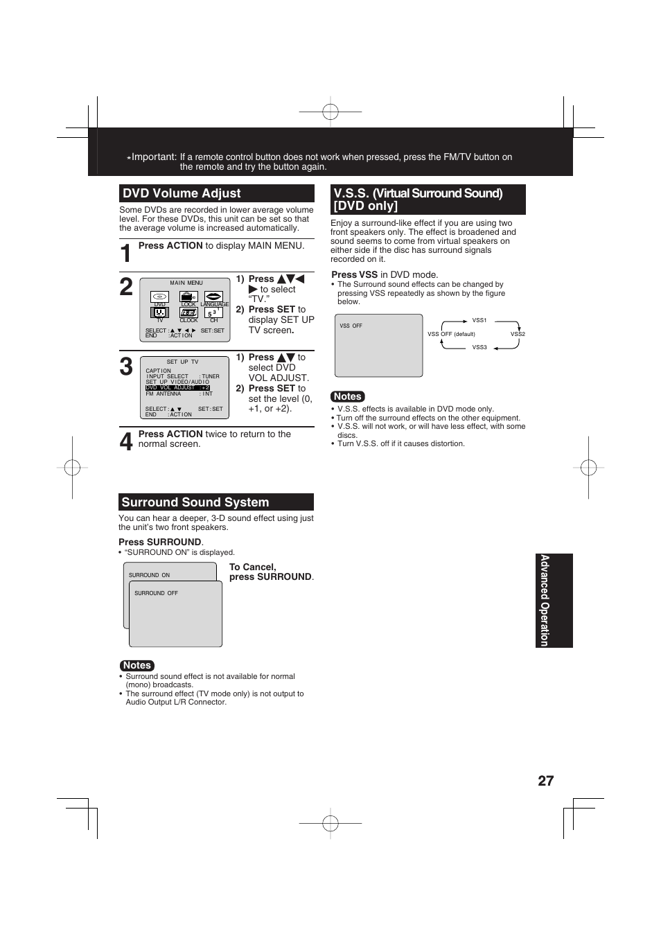Dvd volume adjust, V.s.s. (virtual surround sound) [dvd only, Surround sound system | Ad vanced operation | Panasonic PV 27D53 User Manual | Page 27 / 64