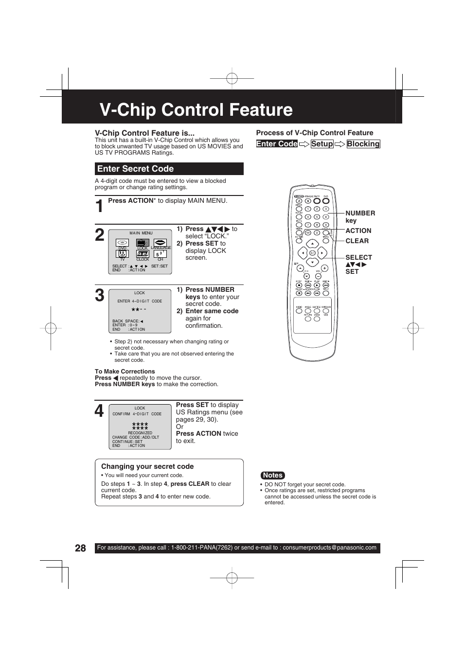 V-chip control feature, Enter secret code | Panasonic PV 27D53 User Manual | Page 28 / 64