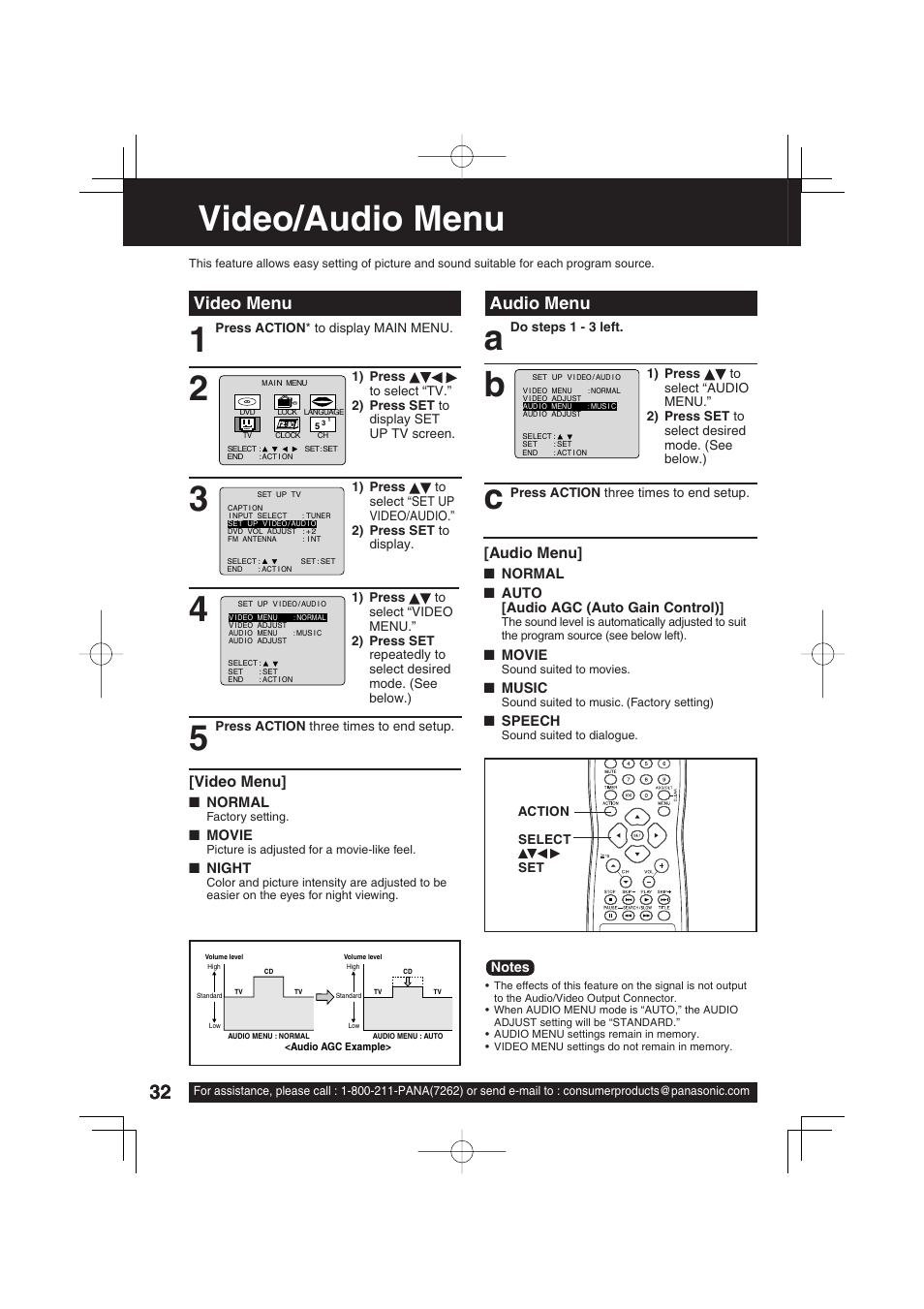 Video/audio menu, Audio menu video menu | Panasonic PV 27D53 User Manual | Page 32 / 64