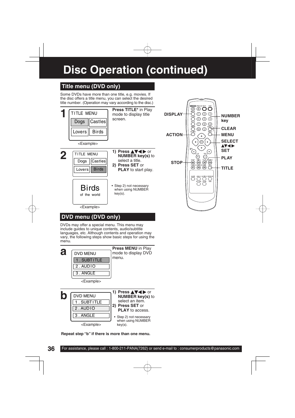 Disc operation (continued), Title menu (dvd only), Dvd menu (dvd only) | Panasonic PV 27D53 User Manual | Page 36 / 64