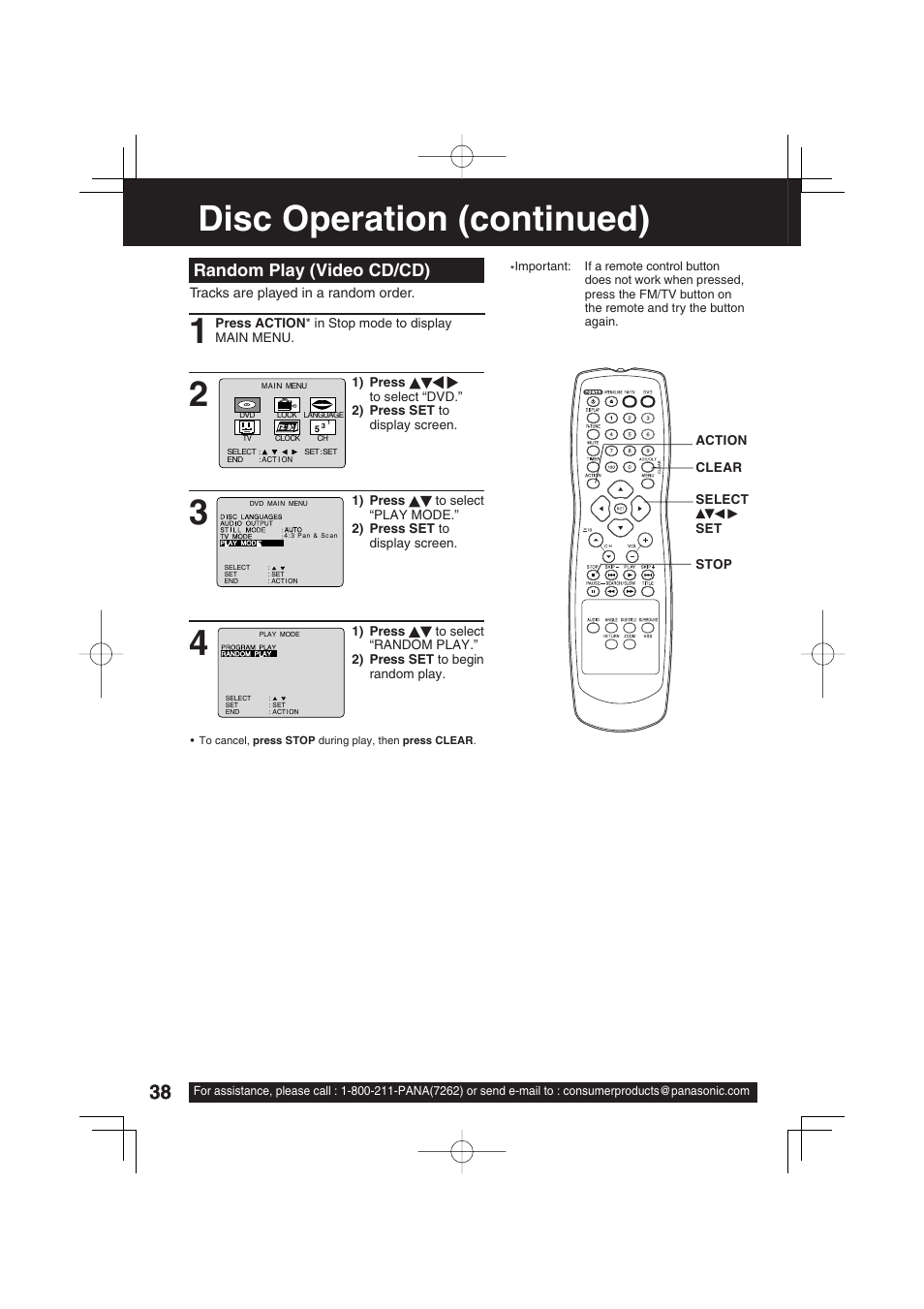 Disc operation (continued), Random play (video cd/cd) | Panasonic PV 27D53 User Manual | Page 38 / 64