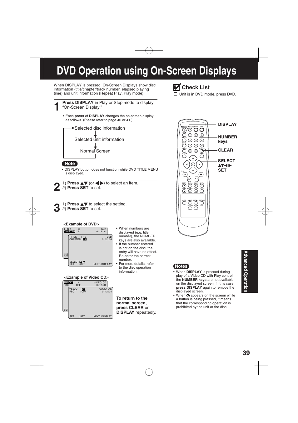 Dvd operation using on-screen displays, Check list, Ad vanced operation | Panasonic PV 27D53 User Manual | Page 39 / 64