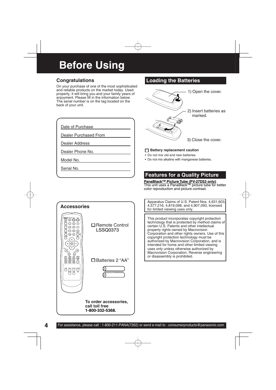 Before using | Panasonic PV 27D53 User Manual | Page 4 / 64