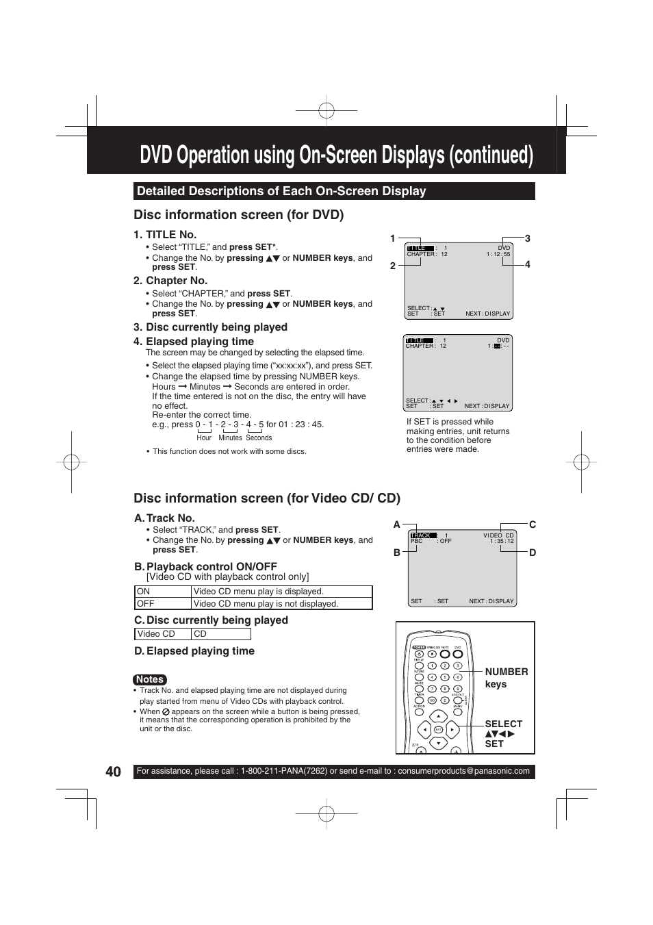 Dvd operation using on-screen displays (continued), Disc information screen (for dvd), Disc information screen (for video cd/ cd) | Detailed descriptions of each on-screen display | Panasonic PV 27D53 User Manual | Page 40 / 64