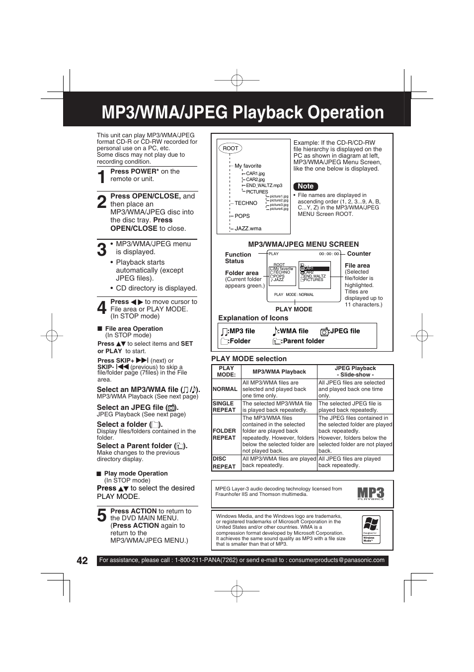 Mp3/wma/jpeg playback operation | Panasonic PV 27D53 User Manual | Page 42 / 64