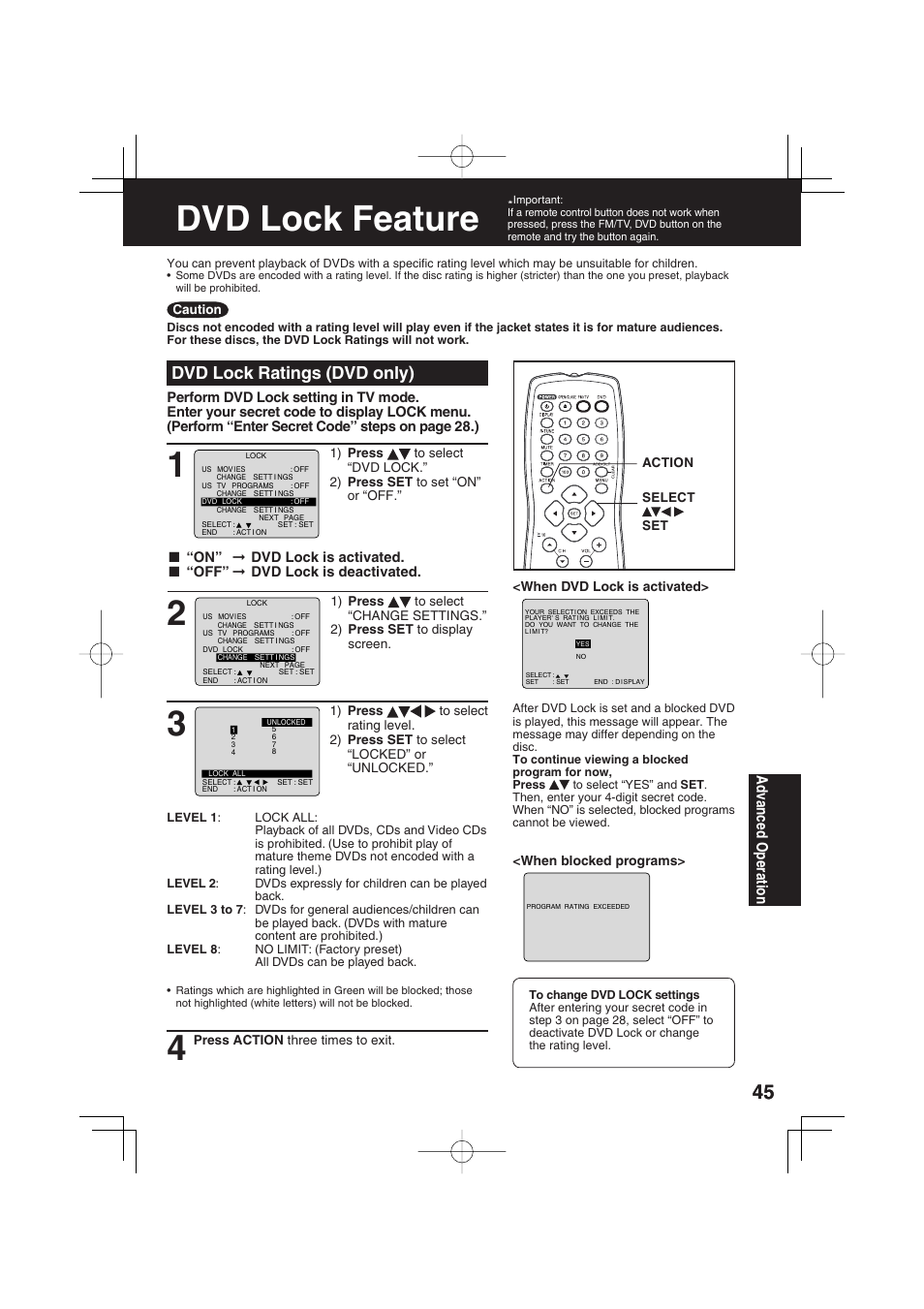 Dvd lock feature, Dvd lock ratings (dvd only) | Panasonic PV 27D53 User Manual | Page 45 / 64