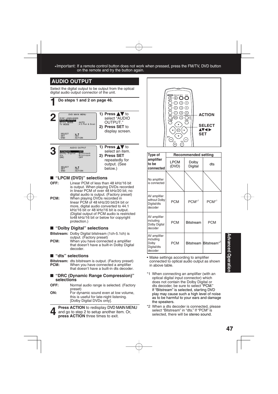 Audio output, Ad vanced operation | Panasonic PV 27D53 User Manual | Page 47 / 64