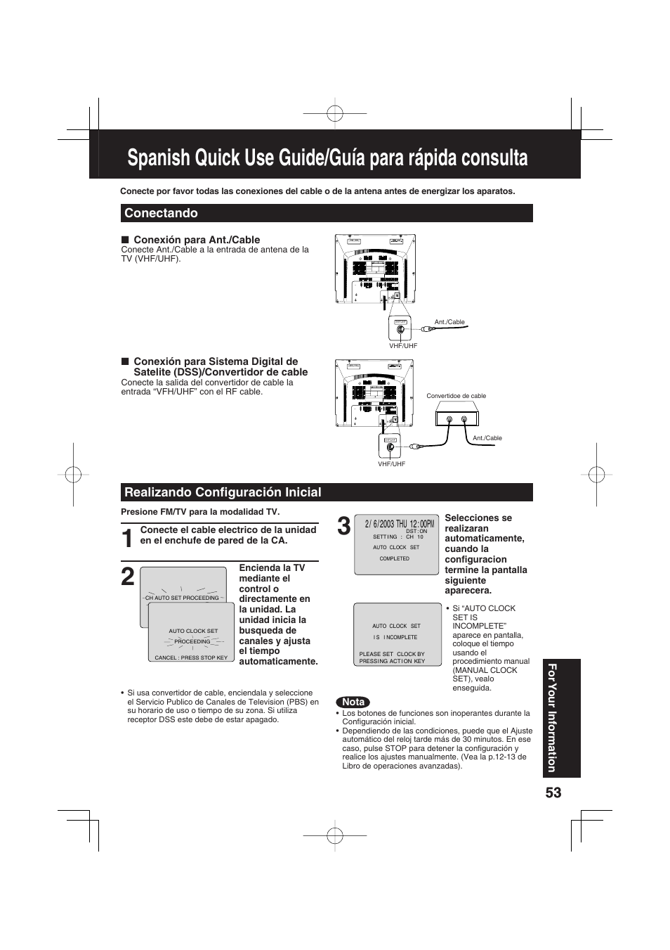 Spanish quick use guide/guia para rapida consulta, Spanish quick use guide/guía para rápida consulta, Realizando confi guración inicial | Conectando | Panasonic PV 27D53 User Manual | Page 53 / 64