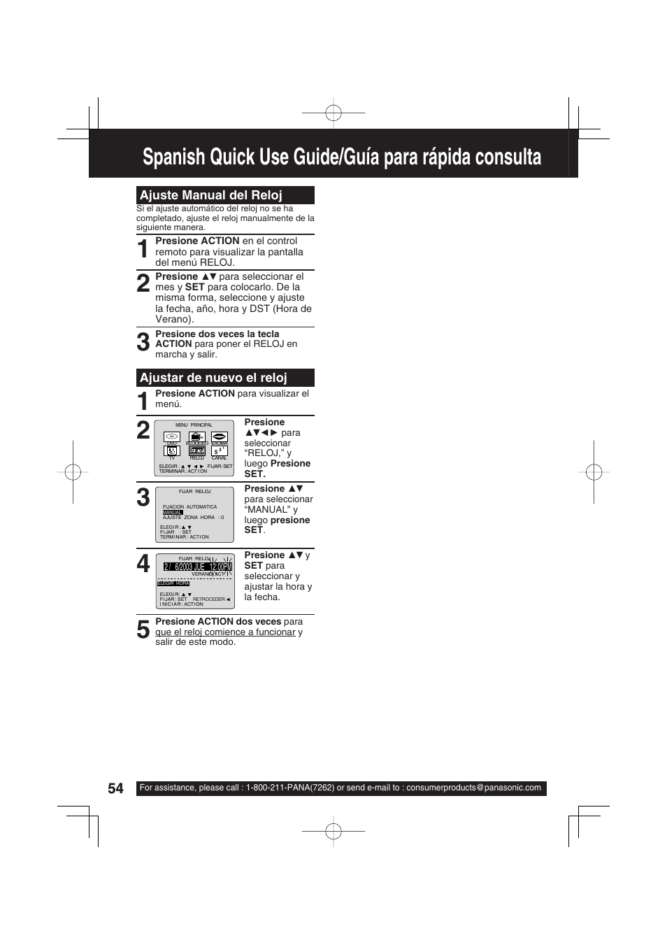Spanish quick use guide/guía para rápida consulta, Ajustar de nuevo el reloj, Ajuste manual del reloj | Panasonic PV 27D53 User Manual | Page 54 / 64