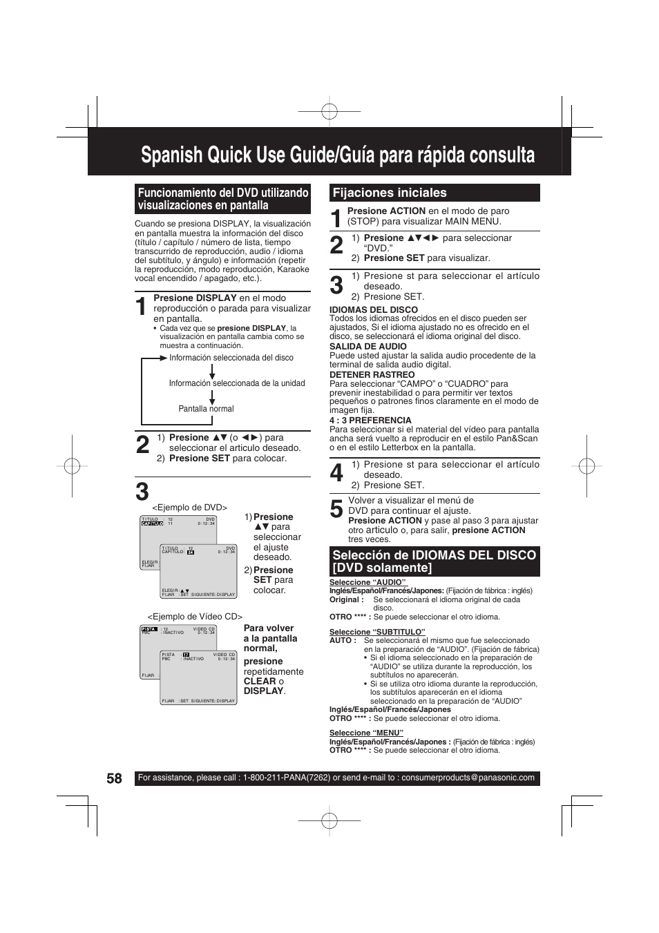 Spanish quick use guide/guía para rápida consulta, Selección de idiomas del disco [dvd solamente, Fijaciones iniciales | Panasonic PV 27D53 User Manual | Page 58 / 64