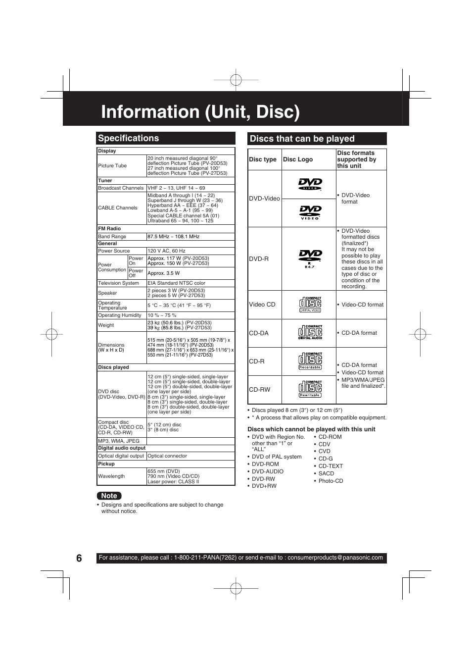 Information (unit, disc), Specifi cations, Discs that can be played | Panasonic PV 27D53 User Manual | Page 6 / 64