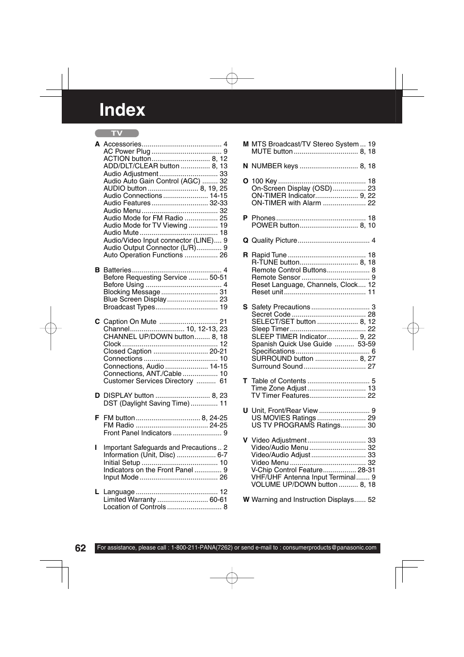 Index | Panasonic PV 27D53 User Manual | Page 62 / 64