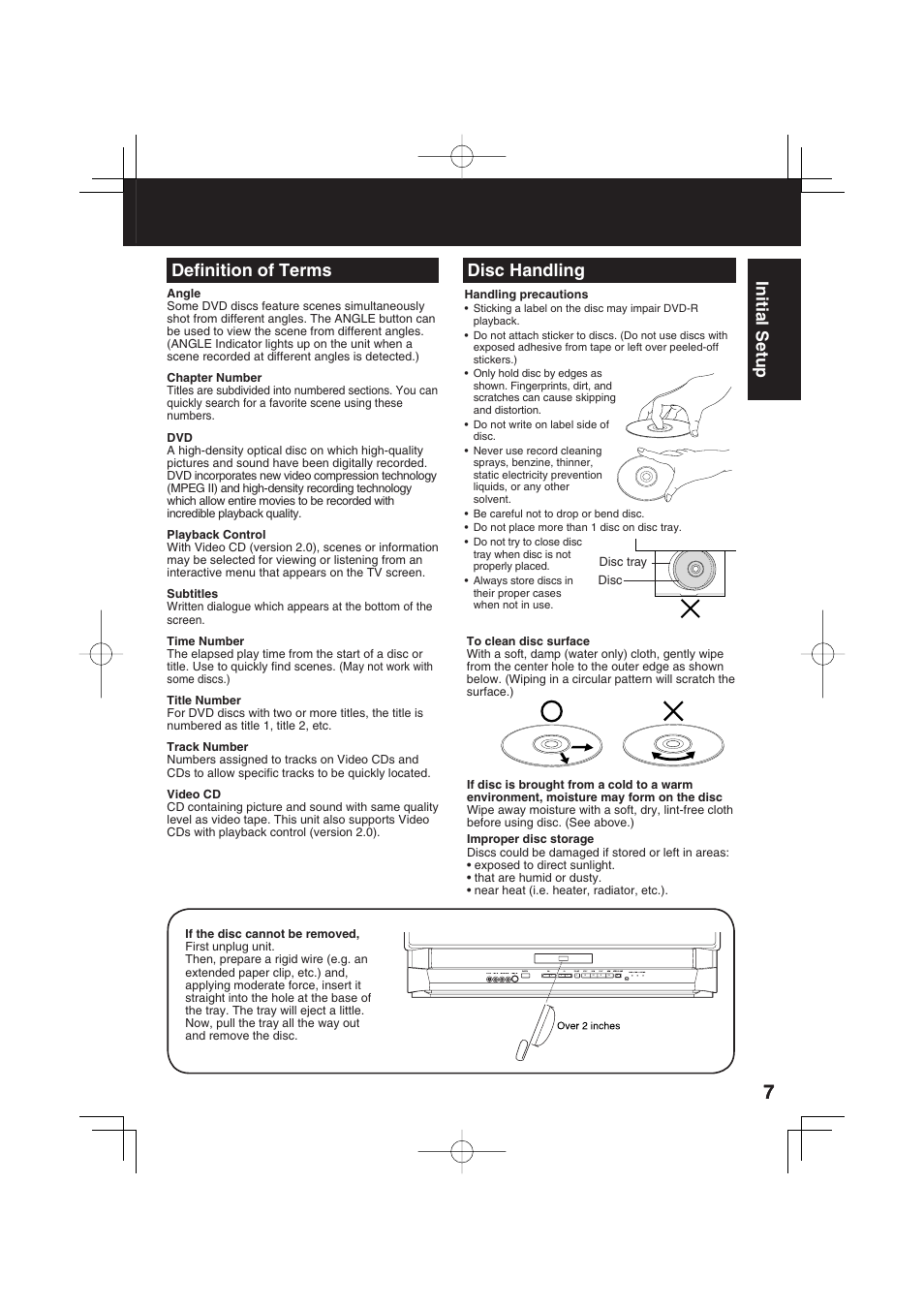 Defi nition of terms, Disc handling, Initial setup | Panasonic PV 27D53 User Manual | Page 7 / 64