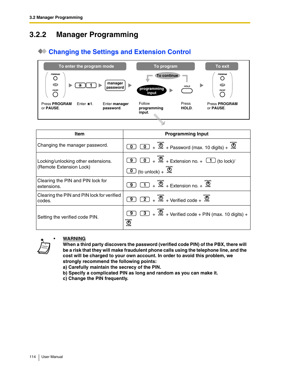 2 manager programming, Changing the settings and extension control | Panasonic KX-TAW848 User Manual | Page 114 / 144