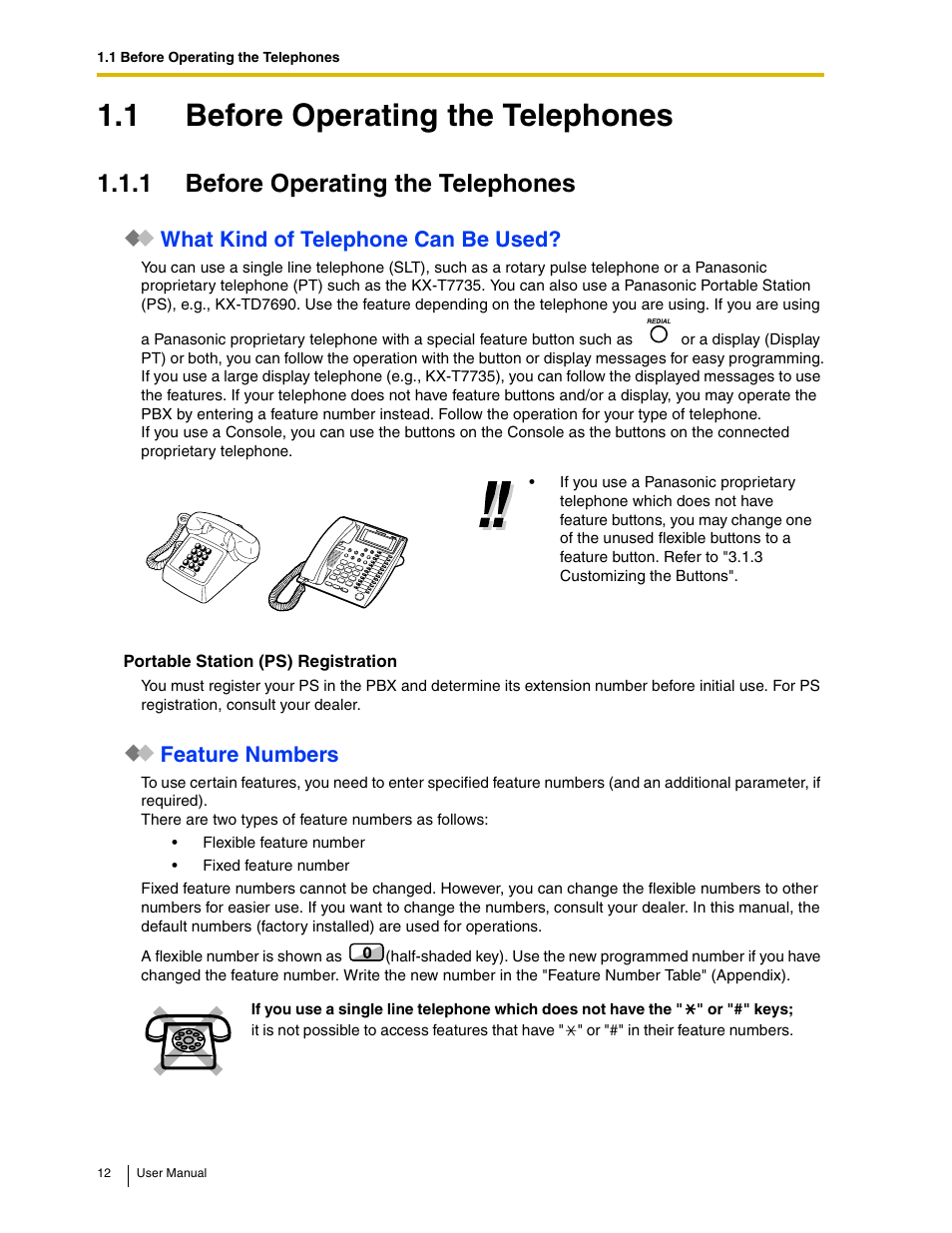 1 before operating the telephones, What kind of telephone can be used, Feature numbers | Panasonic KX-TAW848 User Manual | Page 12 / 144