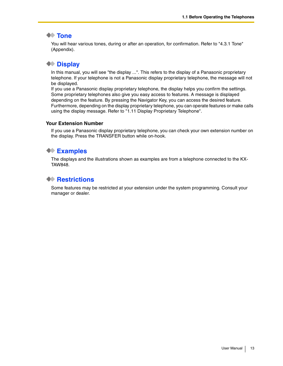Tone, Display, Examples | Restrictions | Panasonic KX-TAW848 User Manual | Page 13 / 144