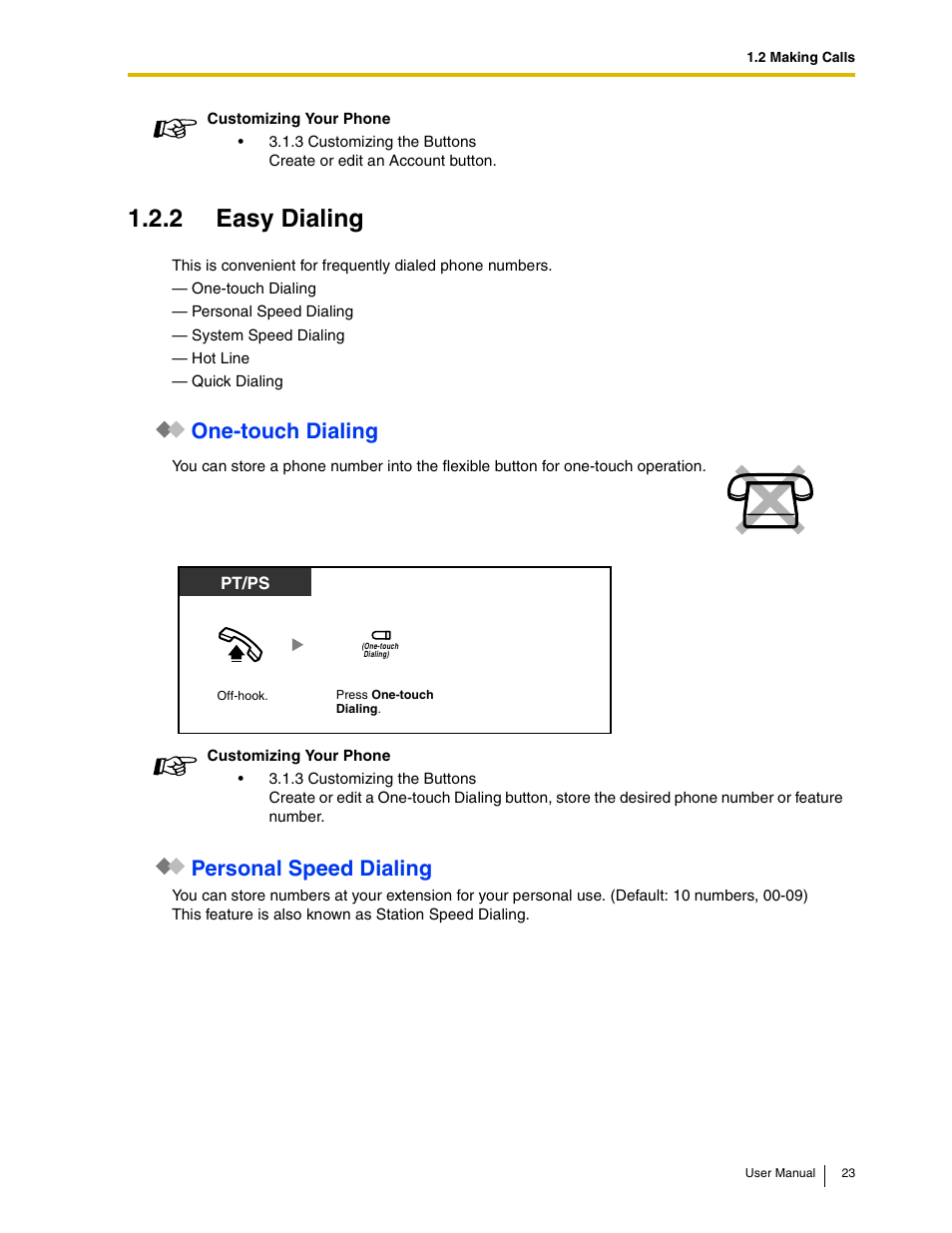 2 easy dialing, One-touch dialing, Personal speed dialing | One-touch dialing personal speed dialing | Panasonic KX-TAW848 User Manual | Page 23 / 144