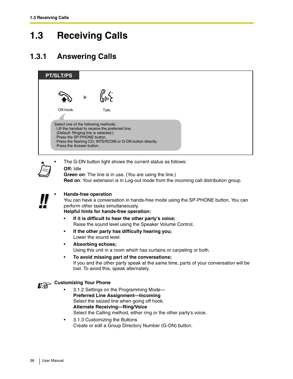 3 receiving calls, 1 answering calls | Panasonic KX-TAW848 User Manual | Page 38 / 144