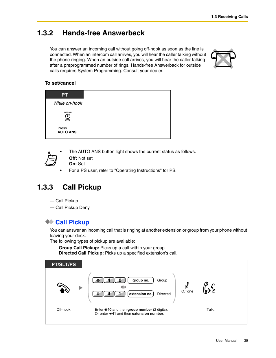 2 hands-free answerback, 3 call pickup, Call pickup | Panasonic KX-TAW848 User Manual | Page 39 / 144