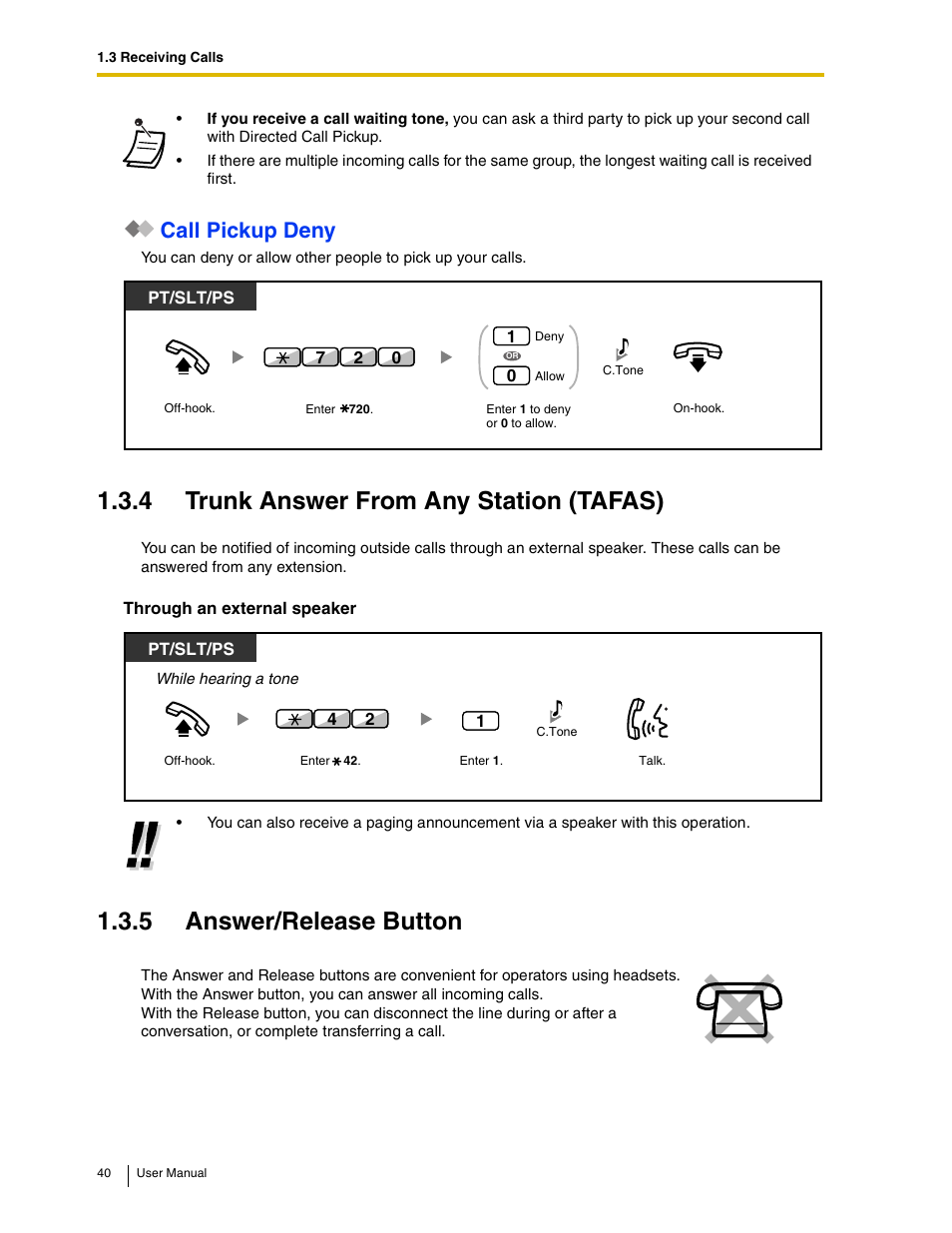 Call pickup deny, 4 trunk answer from any station (tafas), 5 answer/release button | Panasonic KX-TAW848 User Manual | Page 40 / 144