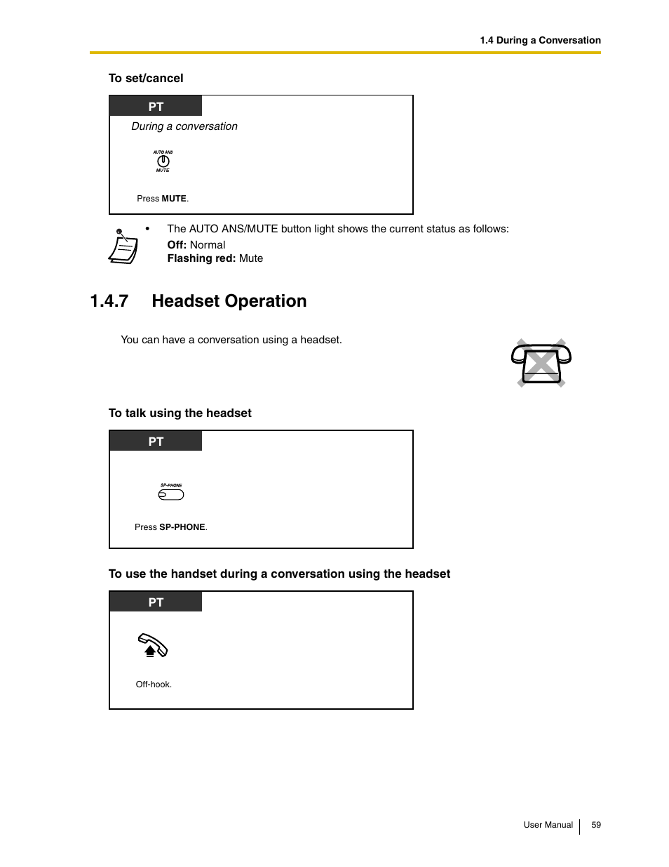 7 headset operation | Panasonic KX-TAW848 User Manual | Page 59 / 144