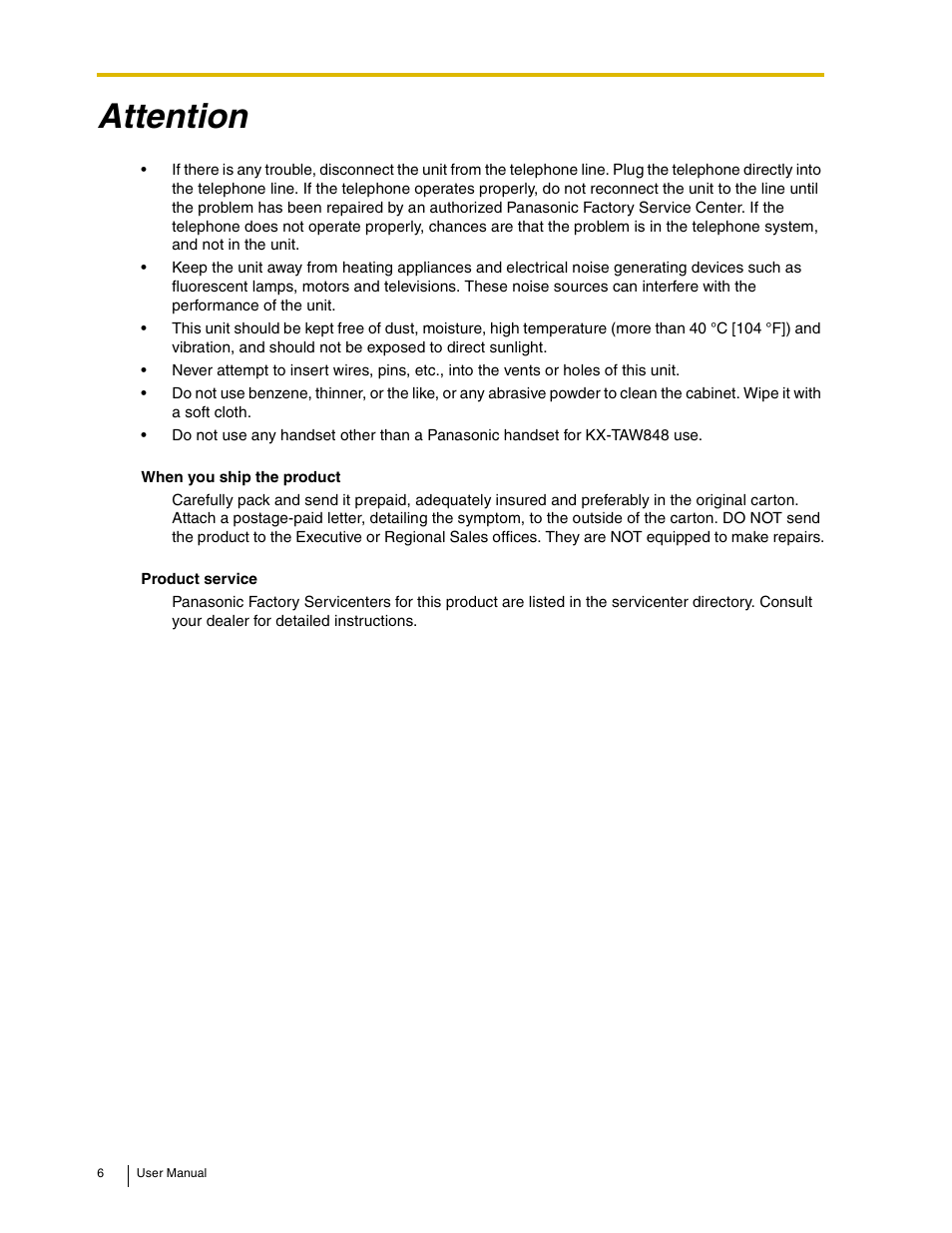 Attention | Panasonic KX-TAW848 User Manual | Page 6 / 144
