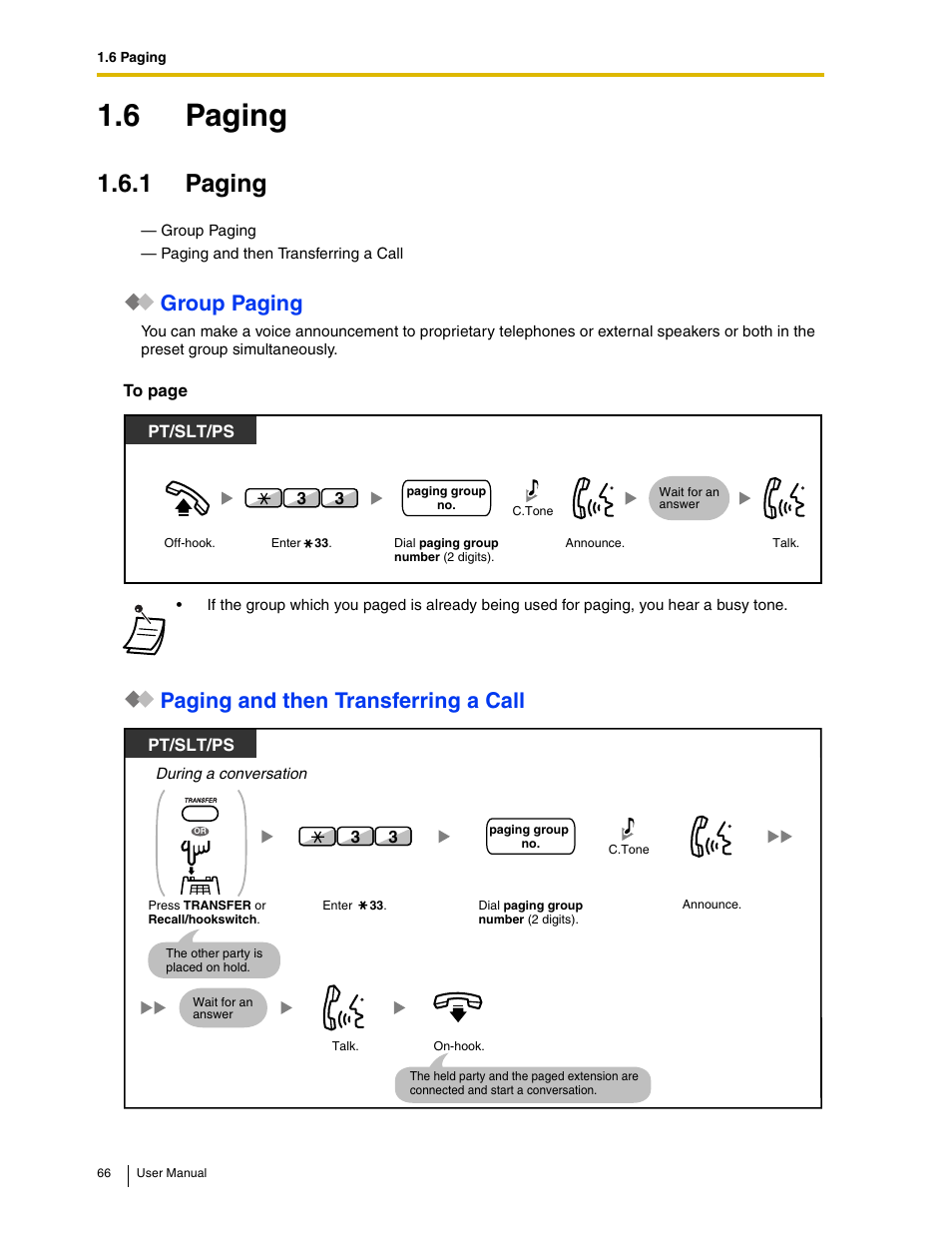 6 paging, 1 paging, Group paging | Paging and then transferring a call | Panasonic KX-TAW848 User Manual | Page 66 / 144