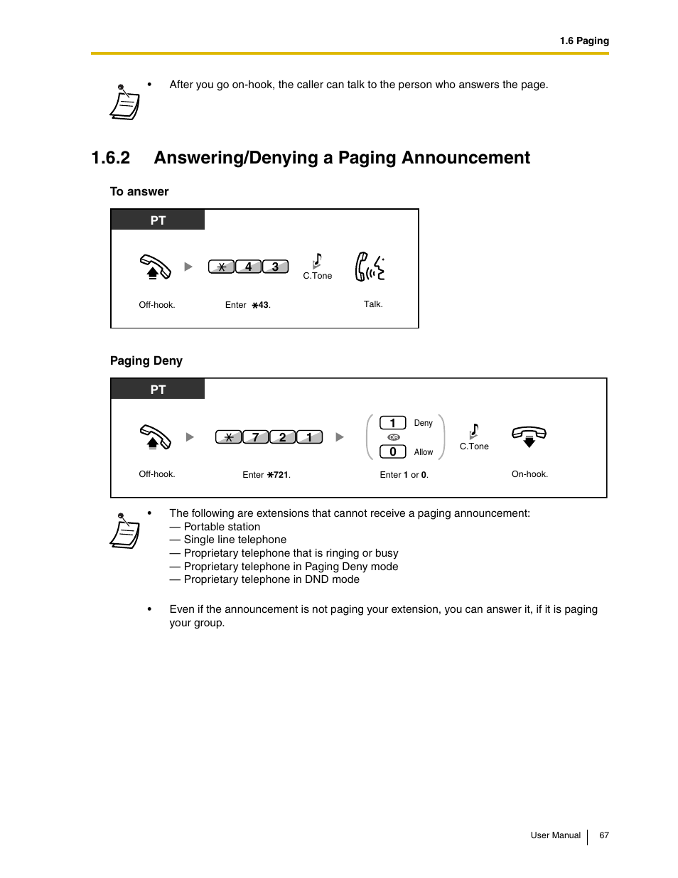 2 answering/denying a paging announcement | Panasonic KX-TAW848 User Manual | Page 67 / 144