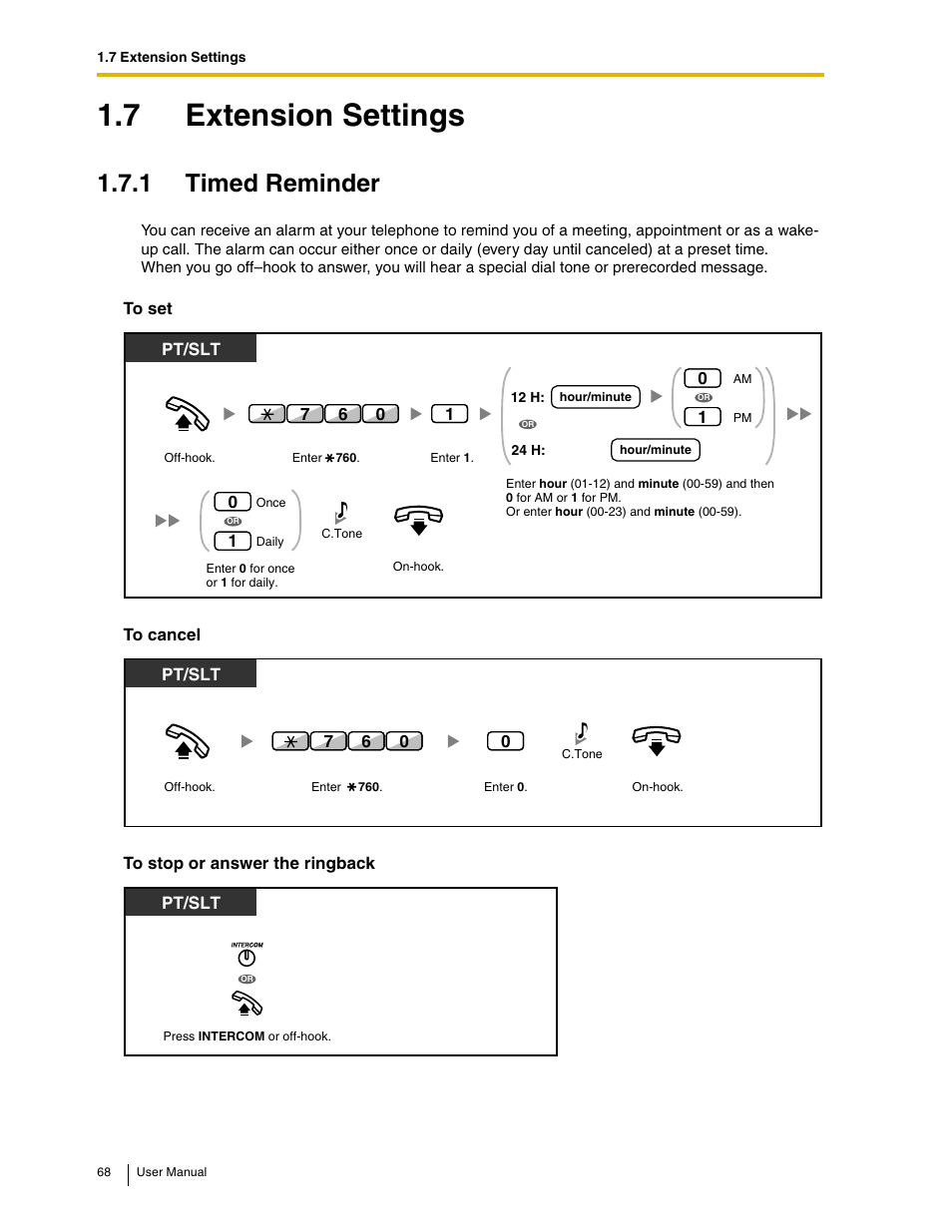 7 extension settings, 1 timed reminder | Panasonic KX-TAW848 User Manual | Page 68 / 144