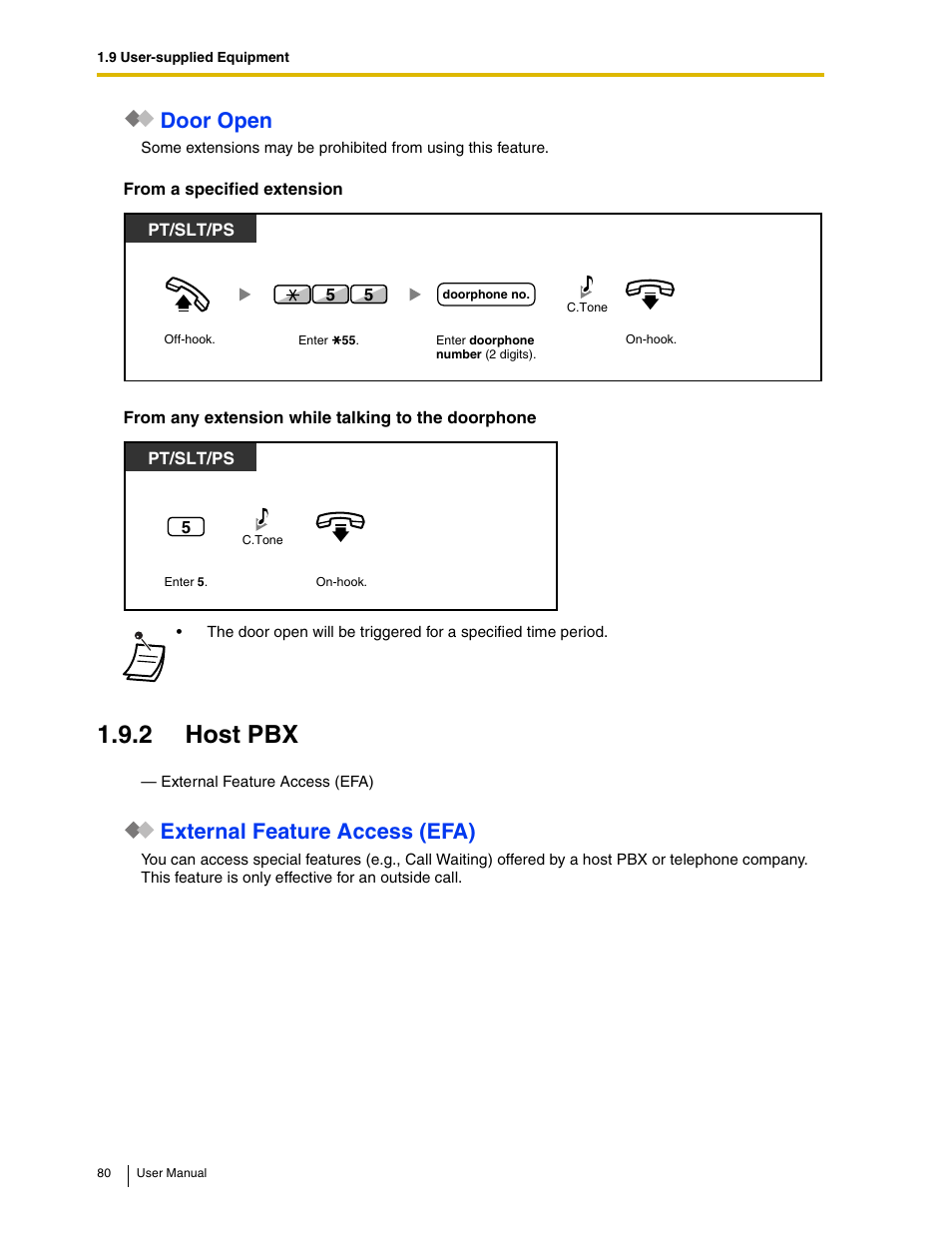 Door open, 2 host pbx, External feature access (efa) | Panasonic KX-TAW848 User Manual | Page 80 / 144