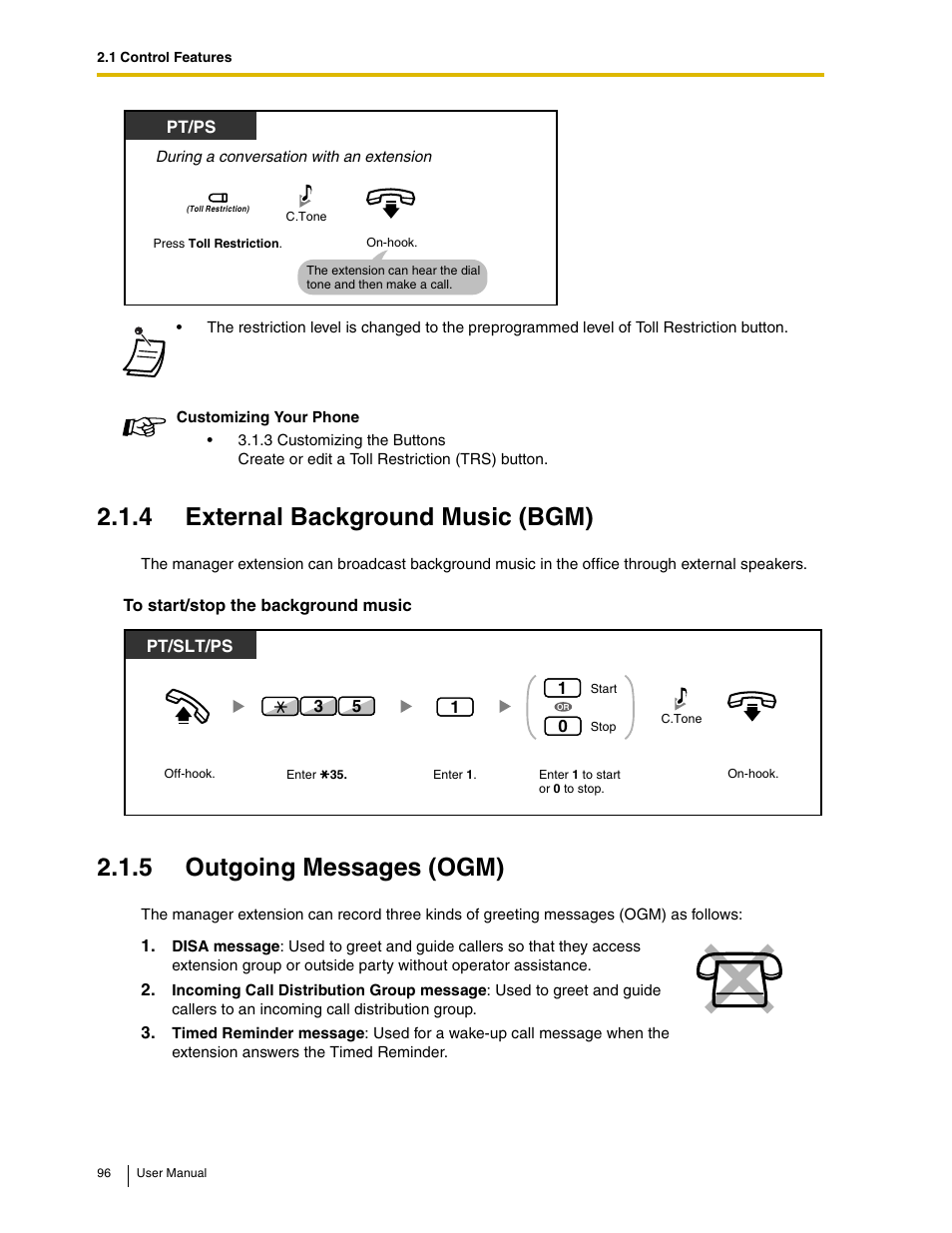 4 external background music (bgm), 5 outgoing messages (ogm) | Panasonic KX-TAW848 User Manual | Page 96 / 144