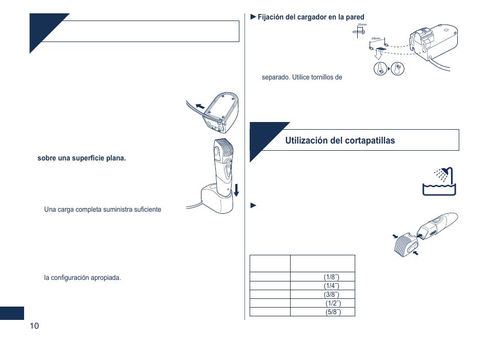 Almacenamiento, Almacenamiento y carga del recortador, Utilización del cortapatillas | Panasonic ER2405 User Manual | Page 10 / 16