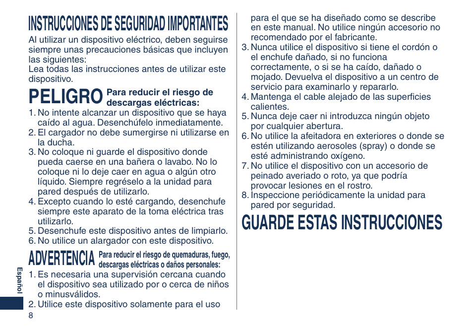 Instrucciones de seguridad importantes, Peligro, Advertencia | Guarde estas instrucciones | Panasonic ER2405 User Manual | Page 8 / 16