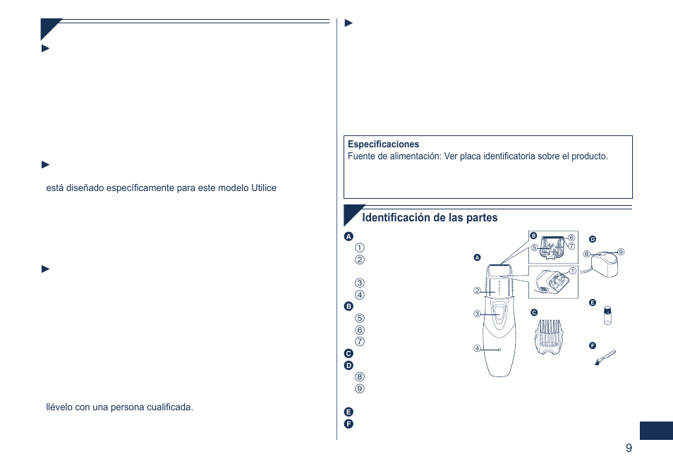 9 importante, Identificación de las partes | Panasonic ER2405 User Manual | Page 9 / 16