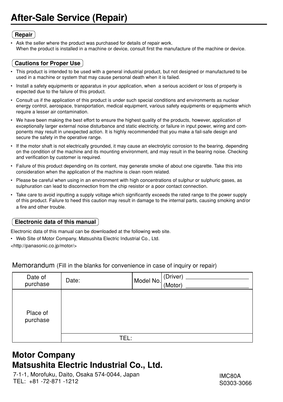 After-sale service (repair) | Panasonic AC Servo MINAS E Series IMC80A User Manual | Page 62 / 62